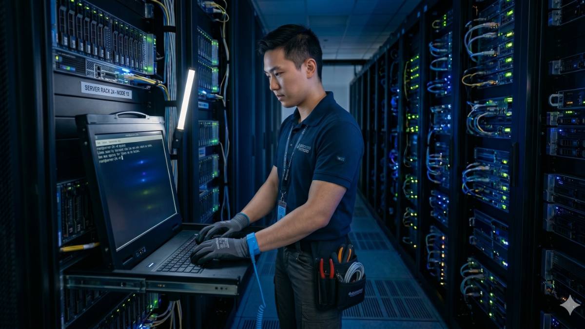MVS Indonesia data center engineer working on server rack